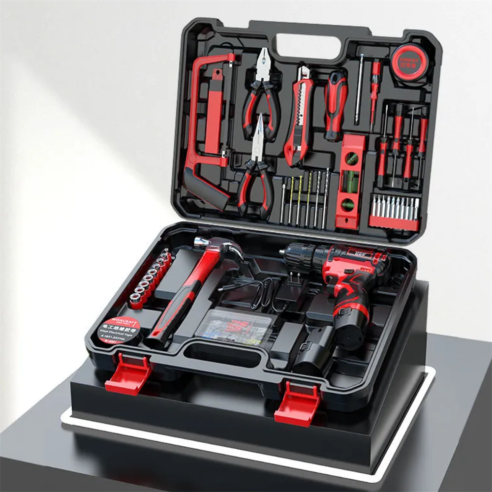Low price Electric drill hand tool set， hardware electrician maintenance multi-functional toolbox， metal wall plate