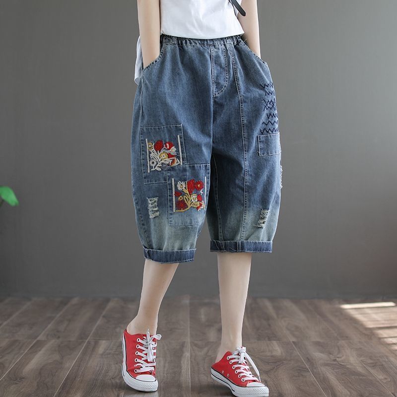 Women's Jeans Cropped  Trend Baggy Pant Woman High Waist Mom Oversize Pants Wide Leg Waisted Ripped Graphic Embroidery