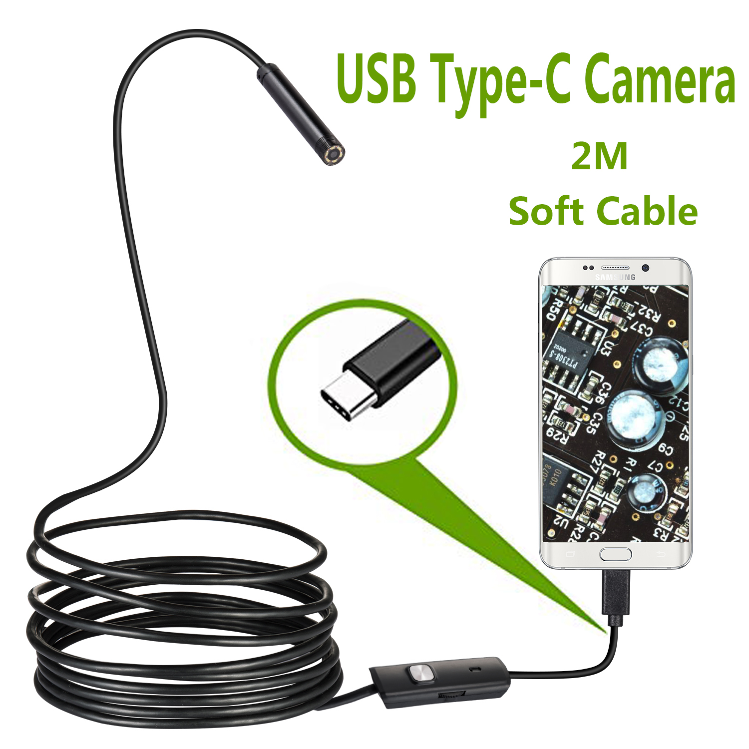  7.0mm USB Type-C Endoscope Camera Android PC 2m Flexible Snake Inspection Scope  Borescope Camera with 6LEDs Adjustable