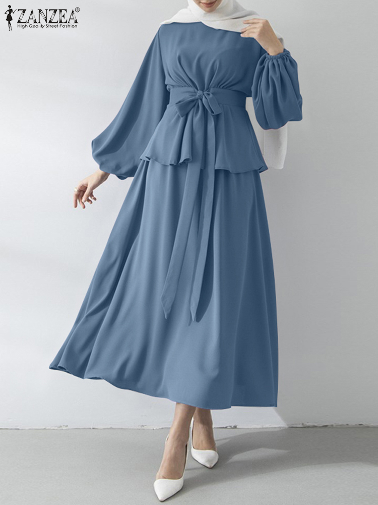  Muslim Sets Women Autumn Matching Sets ZANZEA Puff Sleeve Bllouses A-Skirts Female Marocain Turkish Tops Islam Clothing