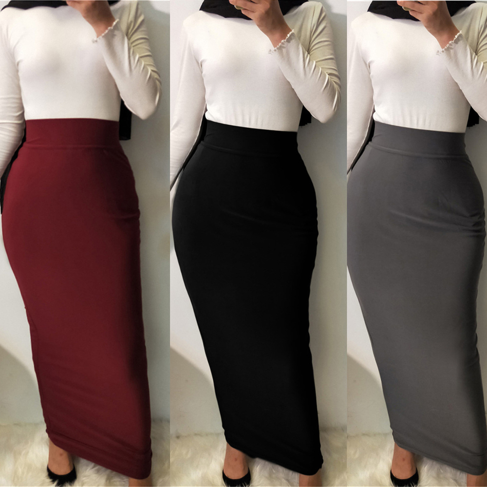 Muslim Women Skirts High Waist Pencil Bodycon Stretch Long Maxi Full Length Skirt Islamic Bottoms Dubai Abaya Kaftan Arab Gown