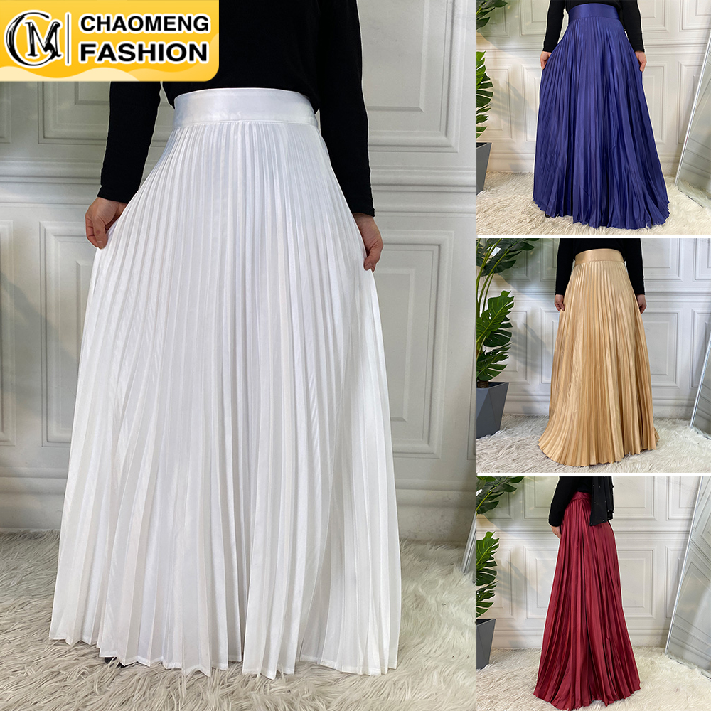 Faldas Women Elegant Satin Pleated Autumn Winter  Party Office Solid Color High Waist Muslim Long Chic Maxi Skirt