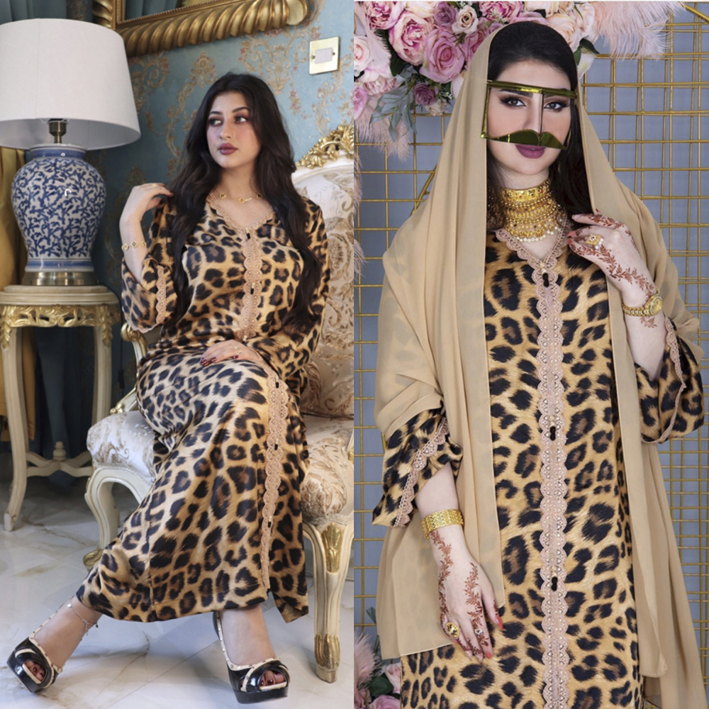 Muslim  Ladies Leopard Robe Dress Middle East Dubai Arab Abaya Islamic Dress Tall Morocco Kaftan Turkish Long Skirt 