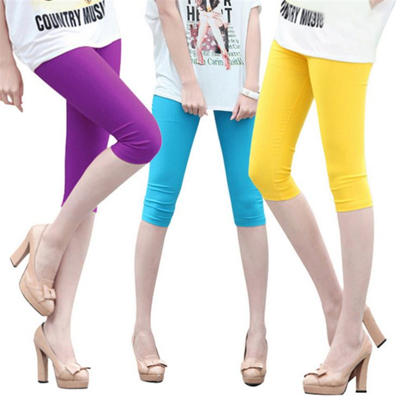 Women Summer Leggings Sexy Solid Legging Candy Neon High Stretched Short Jeggings Fitness Ballet Cropped Trousers Candy Color