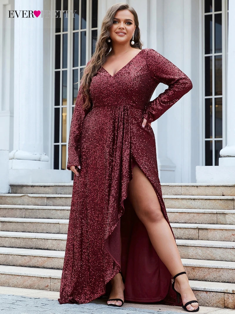 Plus Size Elegant Women's Dresses Long A LINE Full Sleeve V-Neck Floor-Length Gown  Ever Pretty of Sequine Prom Women Dress