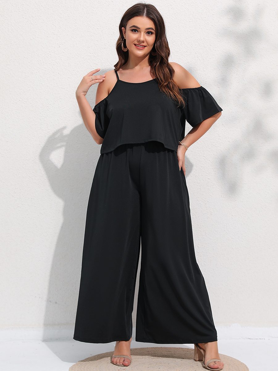Finjani Cold Shoulder Top & Wide Leg Pants Plus Size Suit Set For Women