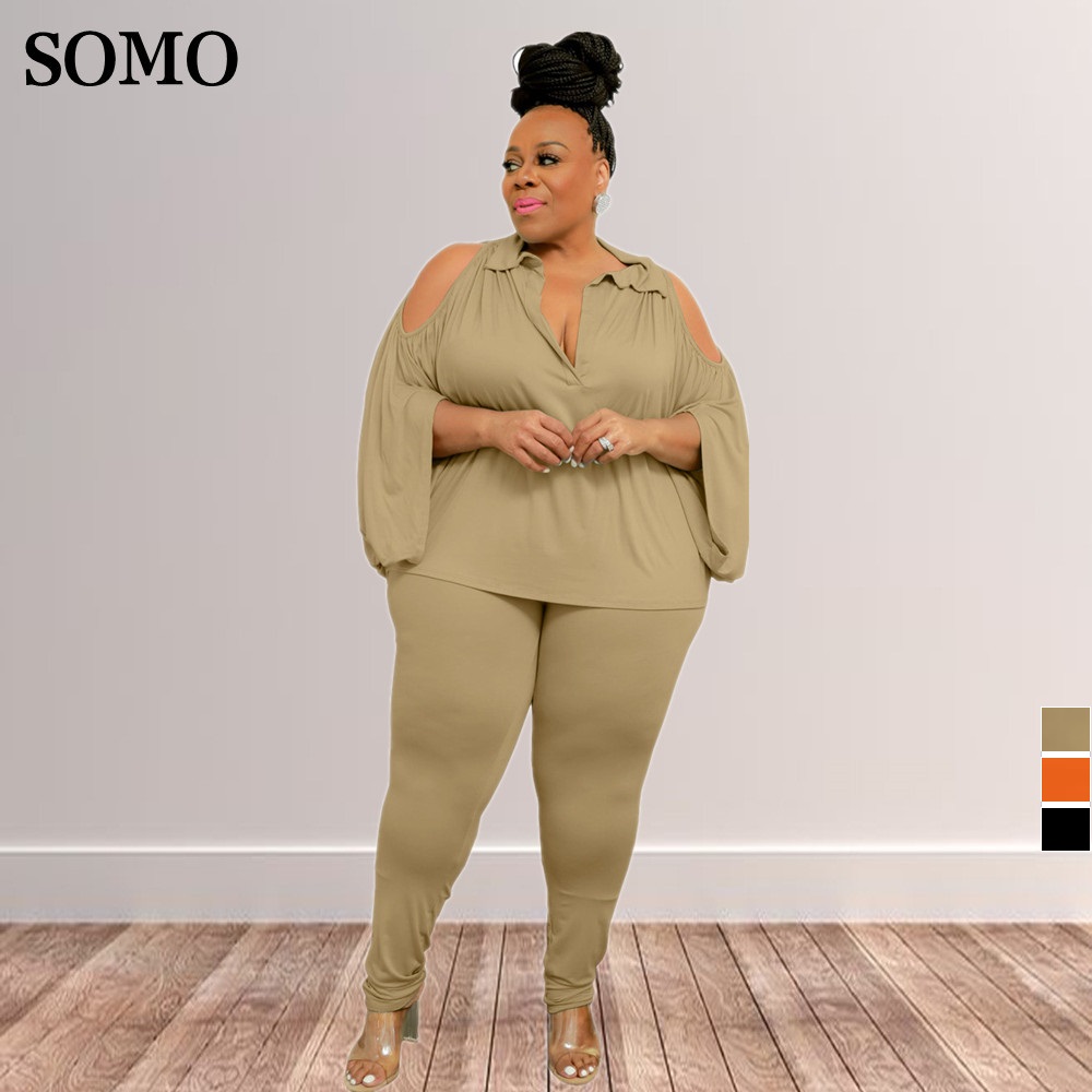 Sexy Off Shoulder Laple Top and Long Trousers Two Piece Sets Women Clothing Solid Color Plus Size Outfits WholeDropshipping