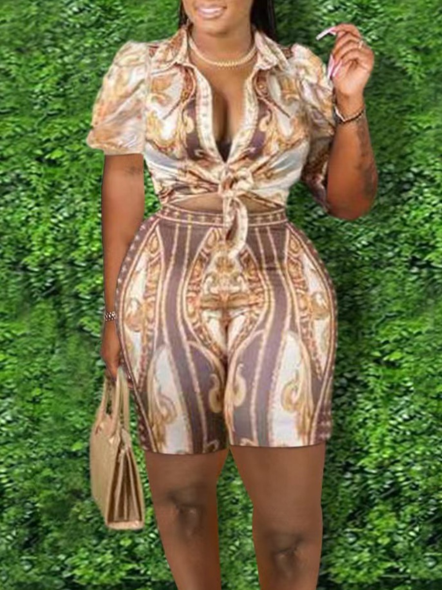 LW Plus Size Turndown Collar Baroque Print Shorts Set Sexy Two Pieces Hubble-bubble Sleeve Women Clothings Lady Outfits