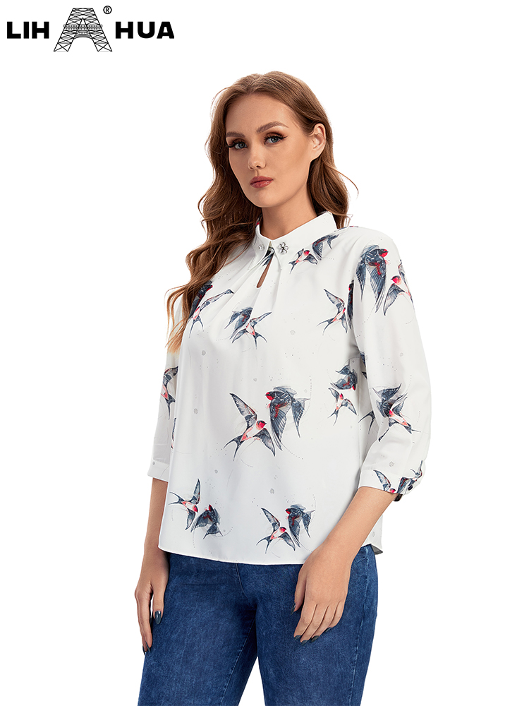 LIH HUA Women's Plus Size T-Shirt Polyester Spring T-Shirt 3/4 Sleeve Print  Graphic Loose Top