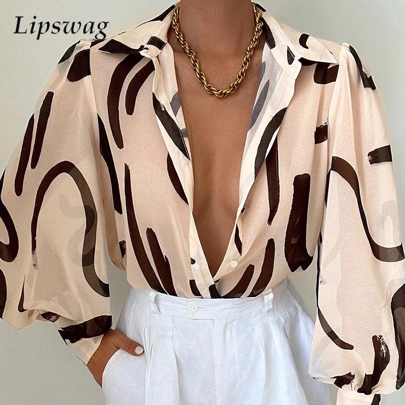  Lapel Single-breasted Loose Blouse Summer Tulle Long Lantern Sleeve Shirts Women Elegant Print Mesh Chiffon Tops Blouse