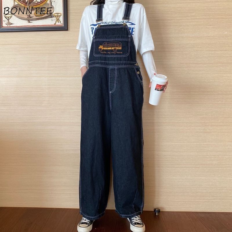 Jumpsuits Women Cartoon Embroidery  Denim Suspender Harajuku Retro Wide Leg Baggy Cowboy BF Unisex Cute Chic Student