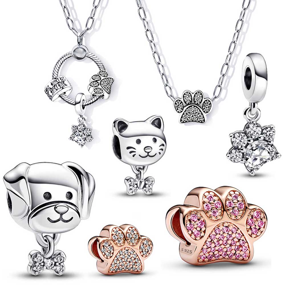 Sparkling Pet Paw Print Dangle Charm Cat & Dog & Bone Beads Fit Pandora Bracelet Original S925 Silver Pendant DIY Jewelry Making