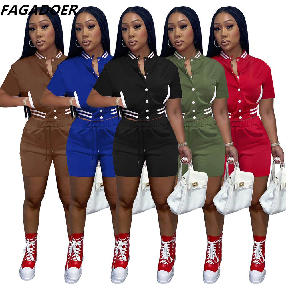 FAGADOER Casual Baseball Uniform Tracksuits Women Solid Button Short Sleeve Coat And Shorts Two Piece Sets Female Sport Outfits