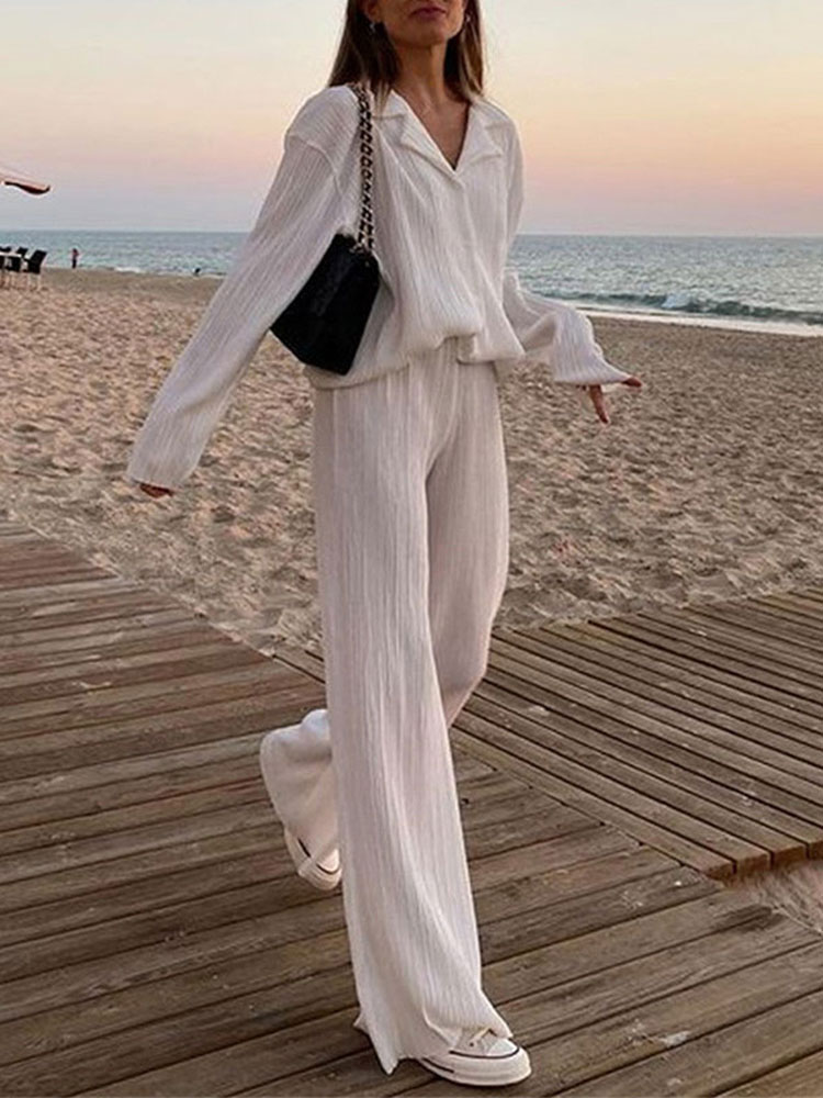 Spring Women's Shirt Pleated Two Piece Set Loose High Waist Wide Leg Pants Suit  Casual Elegant Office Ladies Female Outfit