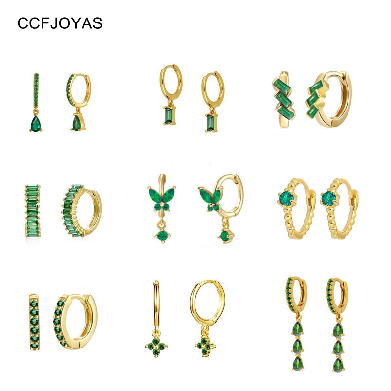 CCFJOYAS Green color Zircon Small Hoop Earrings for Women 925 Sterling Silver Green Gold Hoop Earrings Jewelry Arrival 