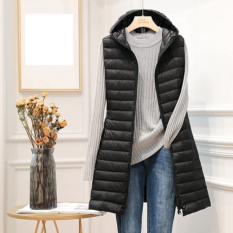 Ladies Sleevless Warm Hooded Down Vest Jacket with Pockets Women Winter Casual Mid Long Waistcoat Down Cotton Padded Female Vest