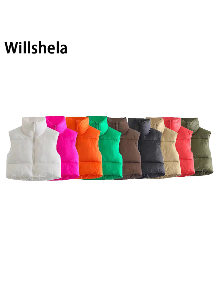 Willshela Women  High Neck Cropped Waistcoat Puff Vest Casual Woman Sleeveless Jacket Chic Lady Winter Warm Outfits