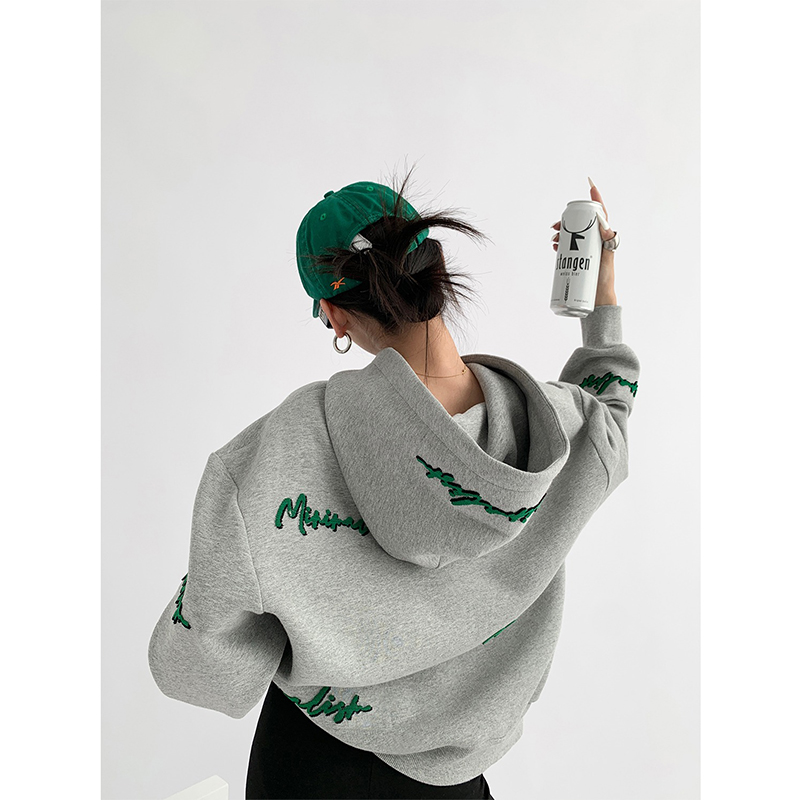  Women's Clothing Vintage Grey Loose Pullover  Letter Print Sweatshirt Lazy Casual Raglan Sleeves Hoodie Autumn