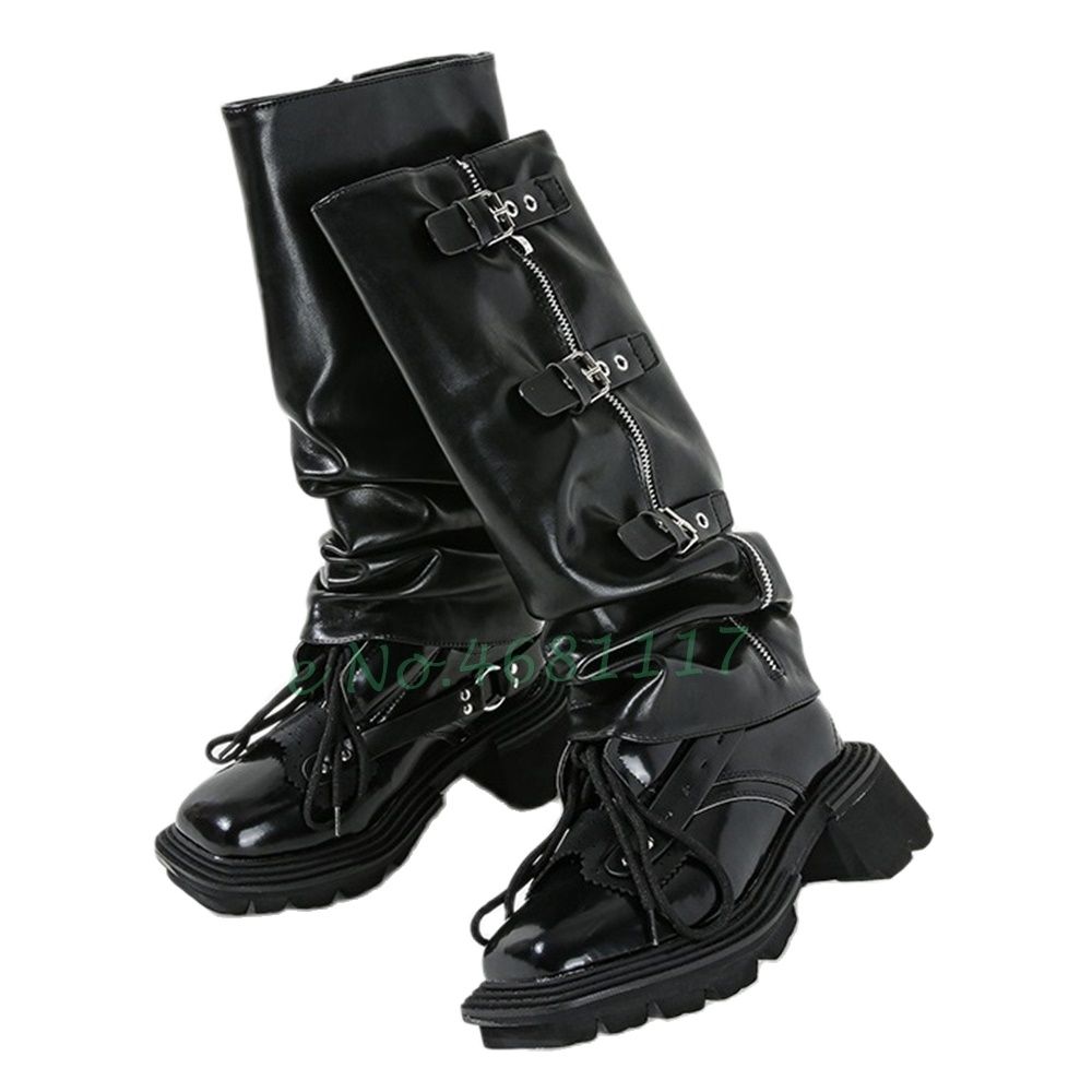 Cool Black Biker Knee High Boots Women Trend Metal Belt Buckle Sleeve Boots Platform Chunky Heels Zipper Designer Winter Boots