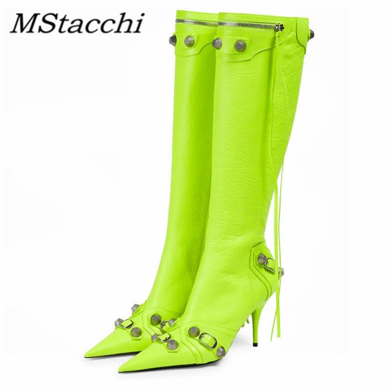 Women High Heels Boots Woman Pointed Toe Stilettos Heels Knee High Boots Sexy Ladies Rivet Retro Pumps  Botas Femininas