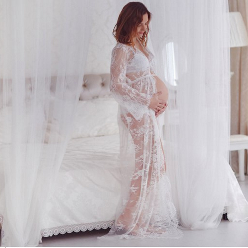 Off White Matenity Gown Po Shoot Maternity Pography Props Lace Dresses Floor Length Lace Maternity Maxi Dress See Through