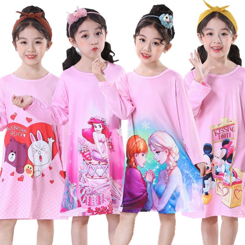 Summer Spring Girls Anna Elsa Olaf Princess Nightgown Pajamas Kids Long Sleeve Nightdress Cute Cartoon Baby Sleep Dress Homewear