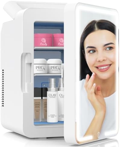 12L Mini Skincare Fridge with Dimmable LED Light Mirror, Makeup Fridge for Cooler & Warmer, Cosmetics, Beauty, Food & Drinks, Portable Small Refrigerator for Bedroom, Office, Dorm and Car