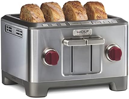 Wolf Gourmet 4-Slice Extra-Wide Slot Toaster with Shade Selector, Bagel and Defrost Settings, Red Knob, Stainless Steel (WGTR154S)