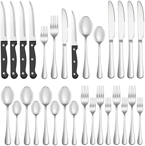 24 Pcs Silverware Set with Steak Knives Service for 4,Stainless Steel Flatware Set,Mirror Polished Cutlery Utensil Set,Home Kitchen Eating Tableware Set,Include Fork Knife Spoon Set,Dishwasher Safe