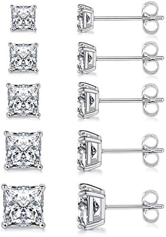 MDFUN 18K White Gold/Yellow Gold/Rose Gold Plated Princess Cut Square Clear Cubic Zirconia Stud Earring Pack of 5 Pairs
