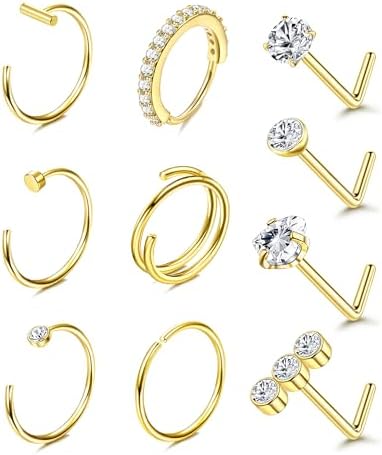 BESTEEL 14K Gold Filled Nose Ring Studs 20G Nose Rings Hoops Stud 316L Stainless Steel Nose Rings Round CZ Heart Simulated Diamond L Shaped Nose Stud Hypoallergenic Nostril Piercing Jewelry for Women 