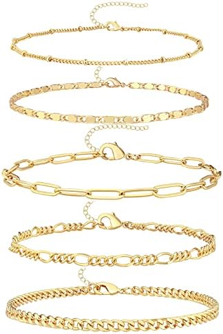 Ankle Bracelets for Women, 14k Gold Jewelry Set Waterproof Layered Cuban Figaro Link Chain Anklets Set Gold Anklets Gift Adjustable Size