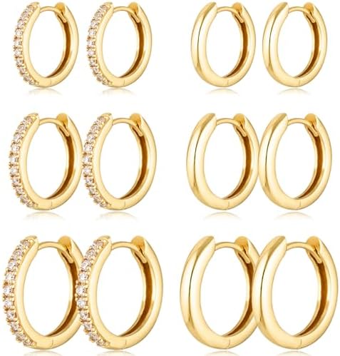 Gold Hoop Earrings Set 14k Real Gold Plated Huggie Hoop Earrings Hypoallergenic Tiny Lightweight Cartilage Cubic Zirconia Jewelry Everyday Earrings for Women Piercing