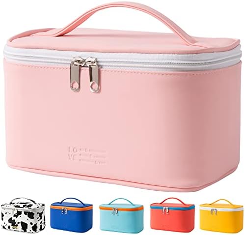 Makeup Bag Portable Travel Cosmetic Bag for Women, Beauty Zipper Makeup Organizer PU Leather Washable Waterproof (Pink)