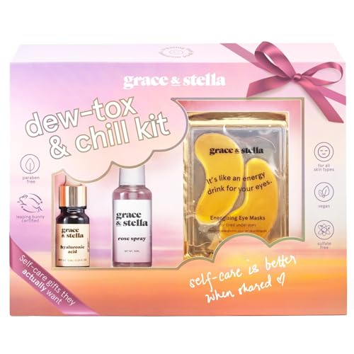 grace & stella Award Winning Dew-Tox & Chill Skincare Gift Set - Christmas Stocking Stuffer with Gold Eye Masks, Hyaluronic Acid Serum & Rose Spray - Birthday Gifts for Women, Teens, Mom, Brides