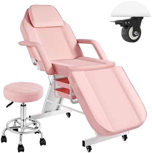 Tattoo Chair for Client, Facial Esthetician Bed with Wheel Adjustable Tattoo Artist Chair, Multipurpose Comfortable Lash Massage Spa Tabel with Rolling Stool for Beauty Equipment, Pink