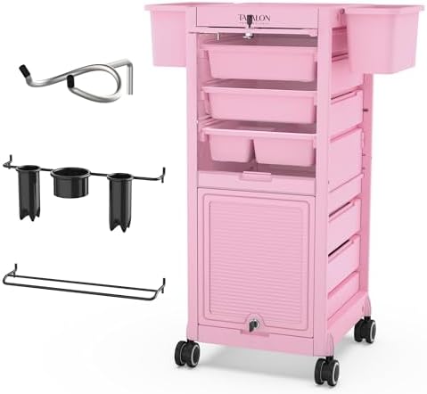 TASALON Lockable Beauty Salon Cart - Salon Stations for Hair Stylist, Salon Trolley with 6 Drawers and Tool Holders, Rolling Cart with Wheels, Lock and Door, Tool Cart for Barber Station, Pink