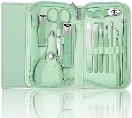 Facial,hand and foot care 12pcs set, Nail/Pedicure Clippers, Cuticle Clippers, Nail File, Remover, Ear Spoon, Cleaner, Eyebrow Trimming Clippers, Eyebrow Trimming Clip, (Green) (RHYTHM-0026C12)