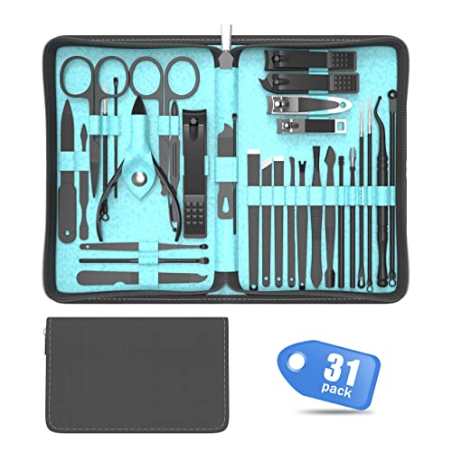 Cater Manicure Nail Clippers Kit - Nail Grooming Set, 31Pcs Stainless Steel Manicure and Pedicure Nail Kit, Nail Care Tools with Luxurious Travel Case (Light Blue)