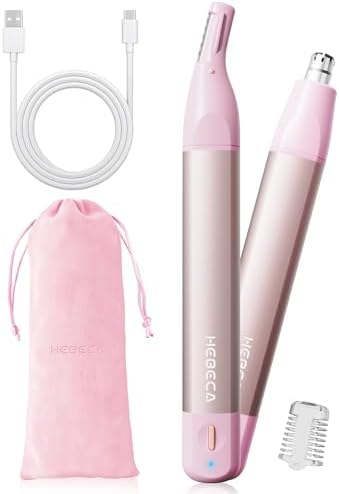 Nose Hair Trimmer for Women 2in1 Facial Hair Removal Trimmer - Metal Body, Rechargeable, Waterproof, Portable - Nose, Ear, Eyebrow, Peach-Fuzz, Lips, Chin FT2001 (Pink)