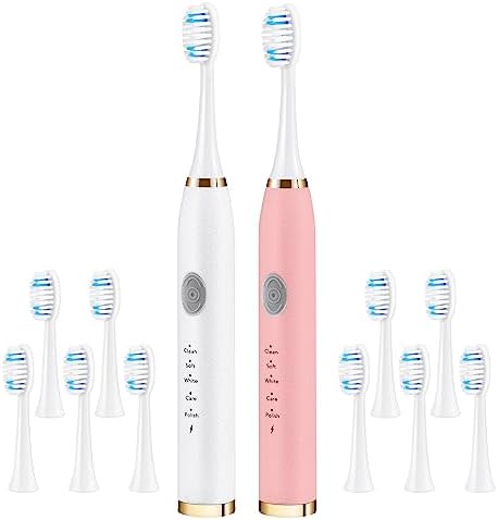 Rechargeable Sonic Toothbrush Bundle for Oral Care, 2 Pack Toothbrush Electric for Adults, 10 Toothbrush Heads Replacement, 5 Modes, Smart Timer, 2 Hours Charge for 60 Days