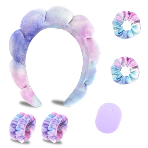 CAVETEE Makeup Headband for Women, Skincare Headband for Washing Face, Cute Tie Dyed Puffy Spa Headband with Wristband Scrunchies and Soft Compressed Facial Sponges for Women Girl