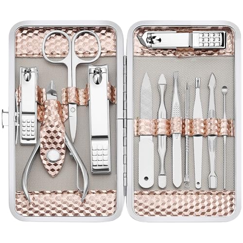 Yougai Manicure Set Professional Nail Clippers Set, 12Pcs Manicure Kit Stainless Steel Nail Kit for Women, Pedicure Set Nail Grooming Kit with Travel Case(Rose Gold)
