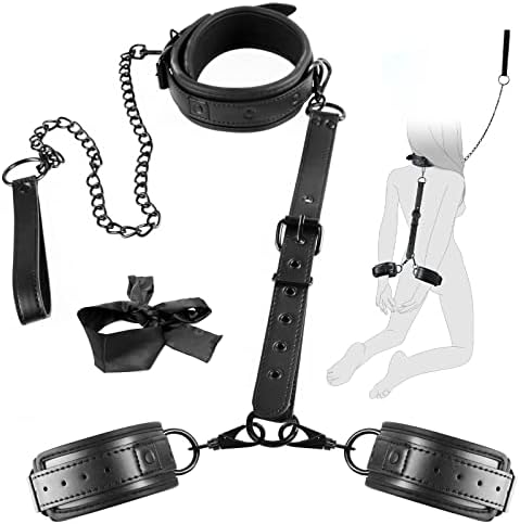 BDSM Bondage Restraints Set Couples Sex Toys, 5PCS Neck to Wrist Restraints Kit with Adjustable Handcuffs Collar, Strap Traction Chain, Blindfold, Bed SM Detachable Bondage Gear Accessories for Adult