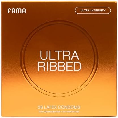 FAMA Ultra Ribbed Condoms, Deep Ribbed Texture for Ultra Intensity, Natural Latex, Lubricated Condoms - 36 Count