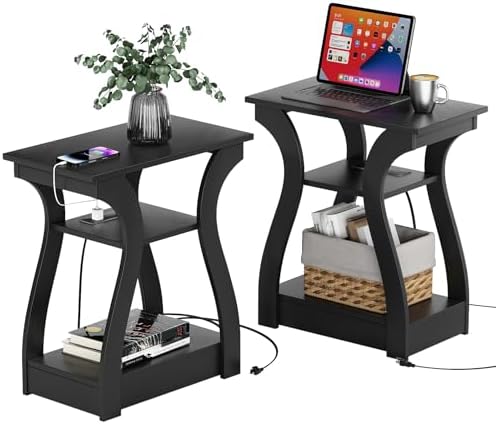 End Table Set of 2 with Charging Station, Side Table with USB Ports and Outlets, Nightstand, 3 Tier End Table with Storage Shelf for Living Room, Bedroom(Black Set of 2)