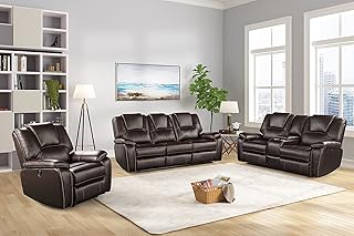 3 Pieces Recliner Sofa Sets Bonded Leather Lounge Chair Loveseat Reclining Couch for Living Room-Brown