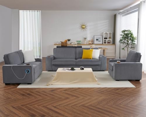 VanAcc Sofa, 3 Piece Set, Deep Seat Couches with Cup Holders & USB Charging Ports, Modern Couches- Comfy Sofas for Living Room(Ash Grey Corduroy)