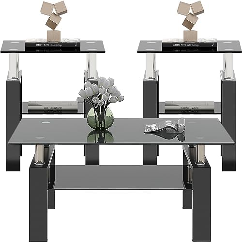 Black Glass Coffee Table Set of 3 Piece, Living Room Table Set of 3, Black Coffee Table and End Coffee Table Sets, Metal Frame (All Black A, Set of 3)