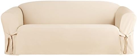 SureFit Duck Cotton Solid Sofa Slipcover (Natural Color) - One Piece Full Length Relaxed Sofa Cover with Corner Ties/Machine Washable/Perfect for Protecting Your Favorite Furniture